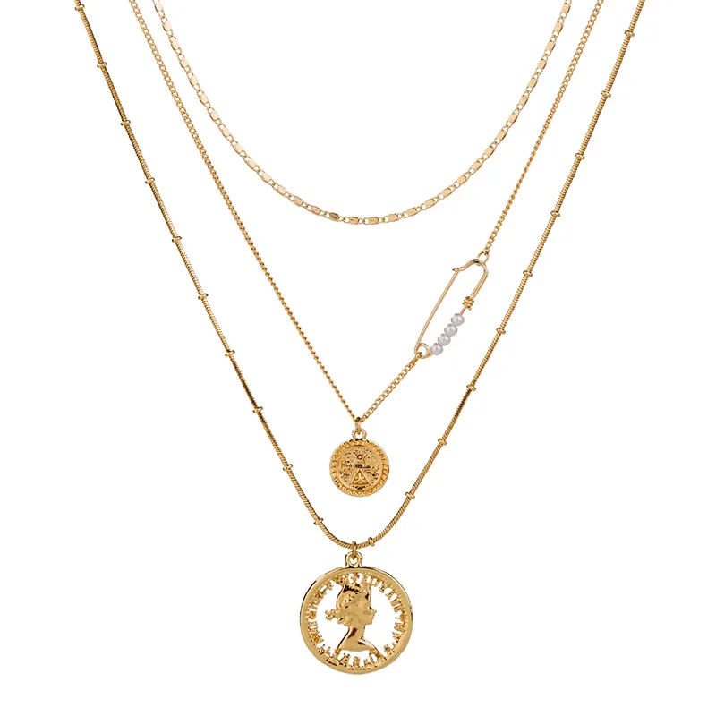 

New Ladies Fashion Retro Queen Head Shape Moon Butterfly Pearl Multilayer Fashion Necklace