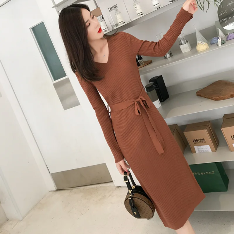 Модное корейское платье-свитер женские свитера с v-образным вырезом платья