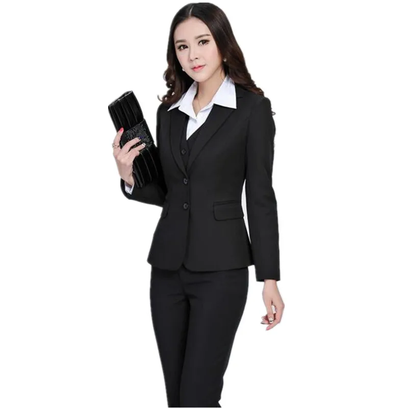 

Женские Брючные костюмы, официальные женские деловые костюмы с брюками + блейзер + жилет, комплект из 3 предметов, модная Женская рабочая офисная униформа