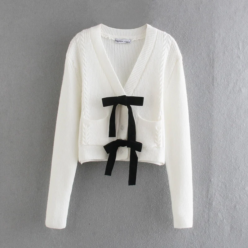 

TRAF Women 2021 Fashion Solid Color With Bow Knit Cardigan Sweater Retro V-neck Long Sleeve Female Outerwear Streetwear