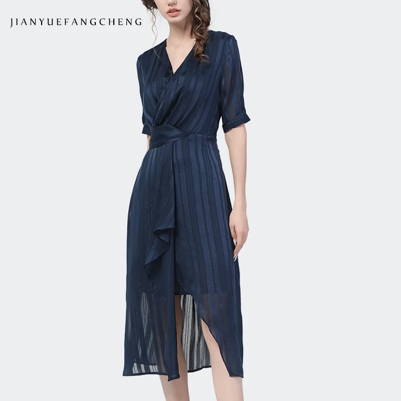 Fashion Blue Stirped Chiffon Summer Dress Mid-Length V-Neck A-Line Irregular Split Plus Size Woman Clothes Bling Elegant Dresses