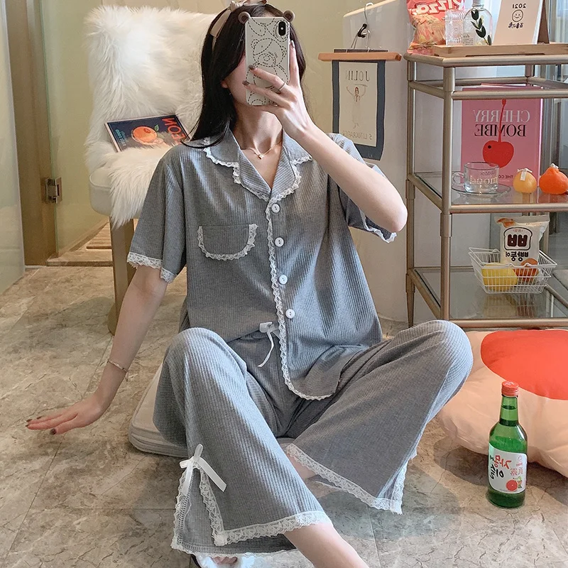 

Cardigan Summer Pajamas Women's Cotton Lace Korean Style Simple Gray Short Sleeve Trousers Homewear Suit Spring and Autumn