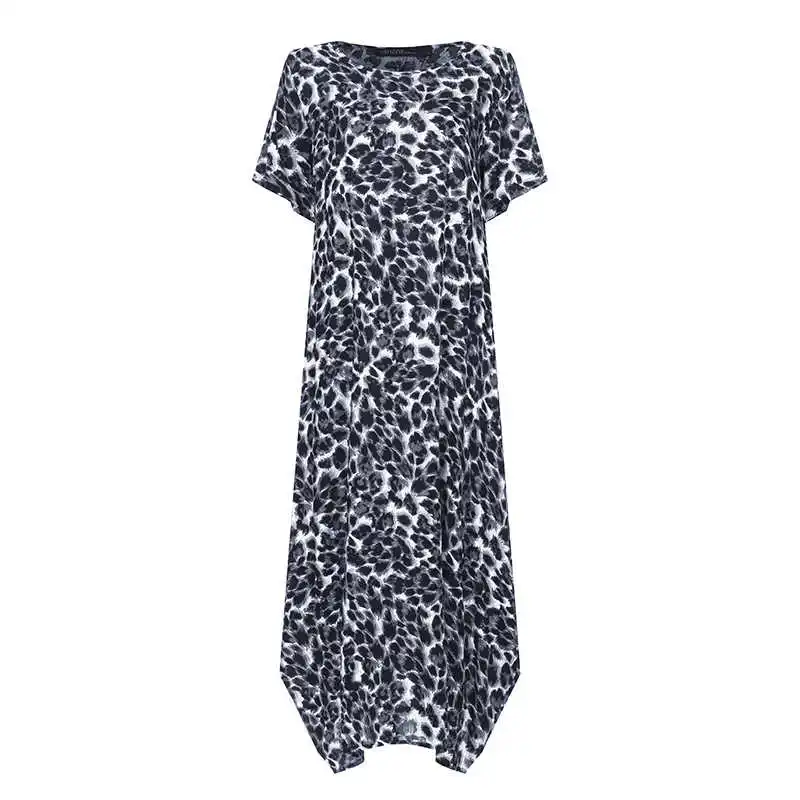 Gray Leopard Модное летнее платье с принтом, женский сарафан, ZANZEA, туника с коротким рукавом, макси платье, женское Повседневное платье в горошек, большие размеры - Color: Gray Leopard