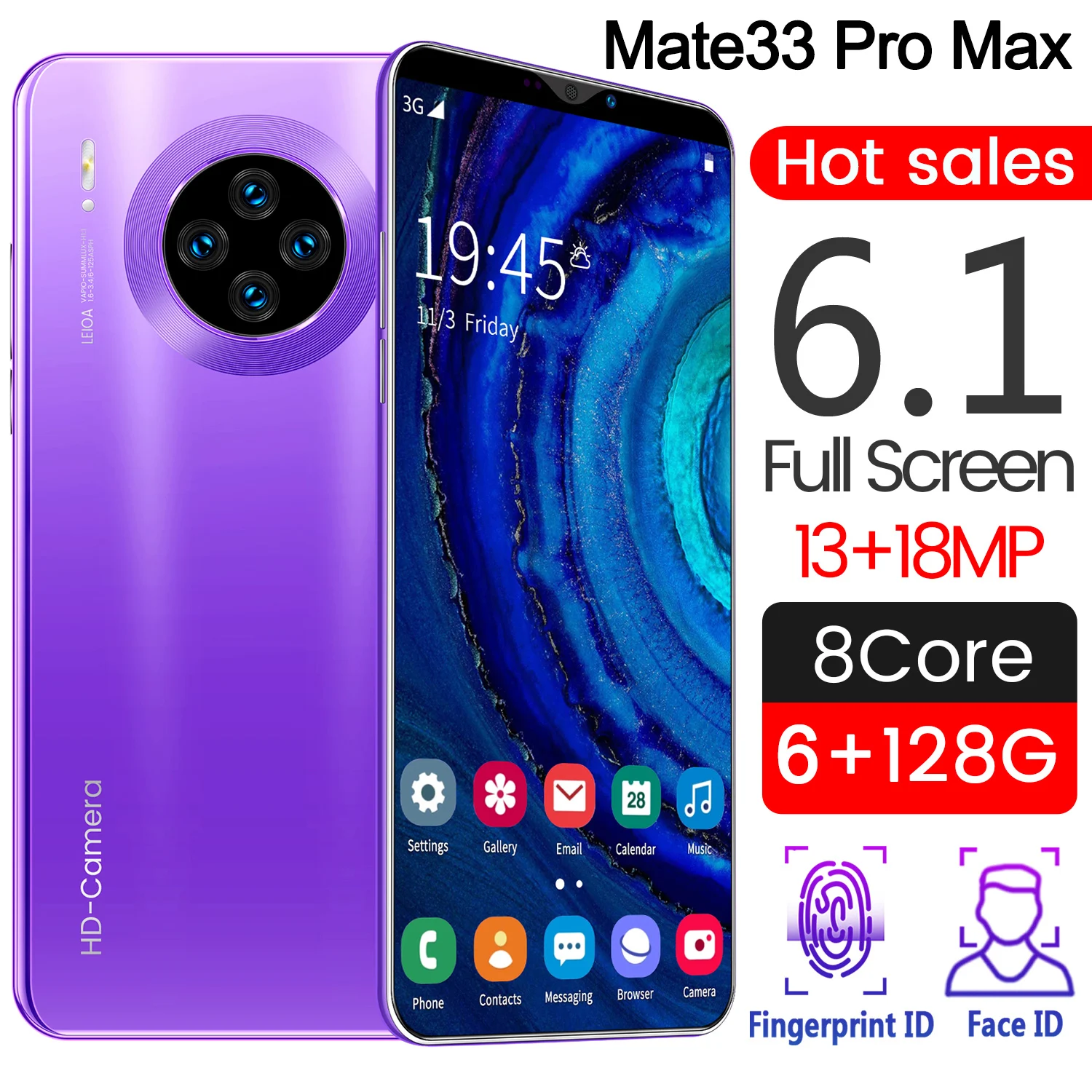 

Mate33 Pro Max Smartphone 6GB+128GB Large Memory 3800mAh 6.1Inch Screen Support Face/Fingerprint Unlock Dual SIM Mobile Phones