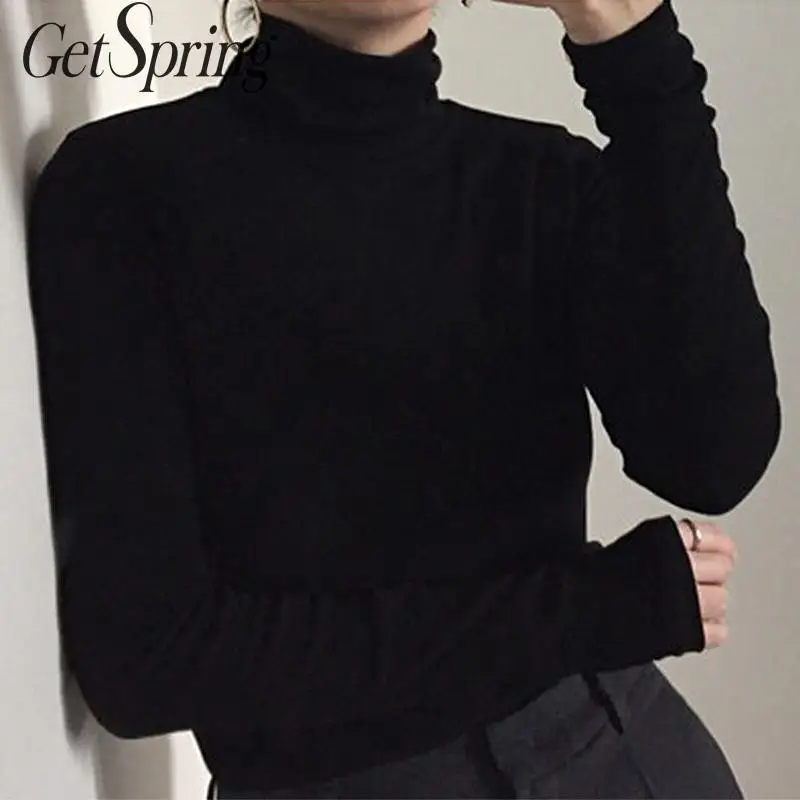 GETSPRING Для женщин футболка с высоким плотно облегающим шею воротником длинными