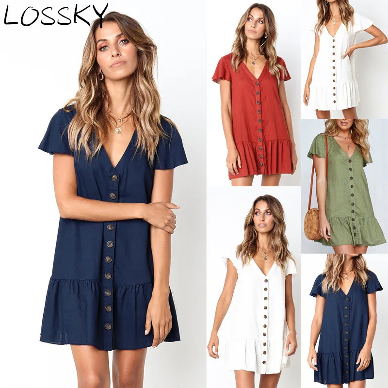 Однотонное повседневное мини платье с v образным вырезом коротким рукавом и