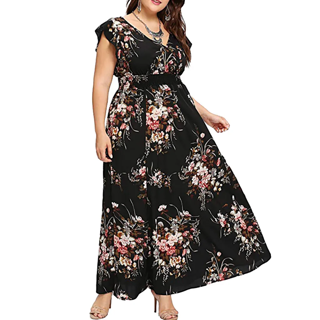 Women Plus Size Summer V Neck Floral Print Boho Sleeveless Party Spring High Quality Dress 1.15 | Женская одежда
