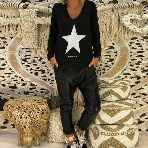 Футболка женская с длинным рукавом Модный повседневный топ принтом звезд