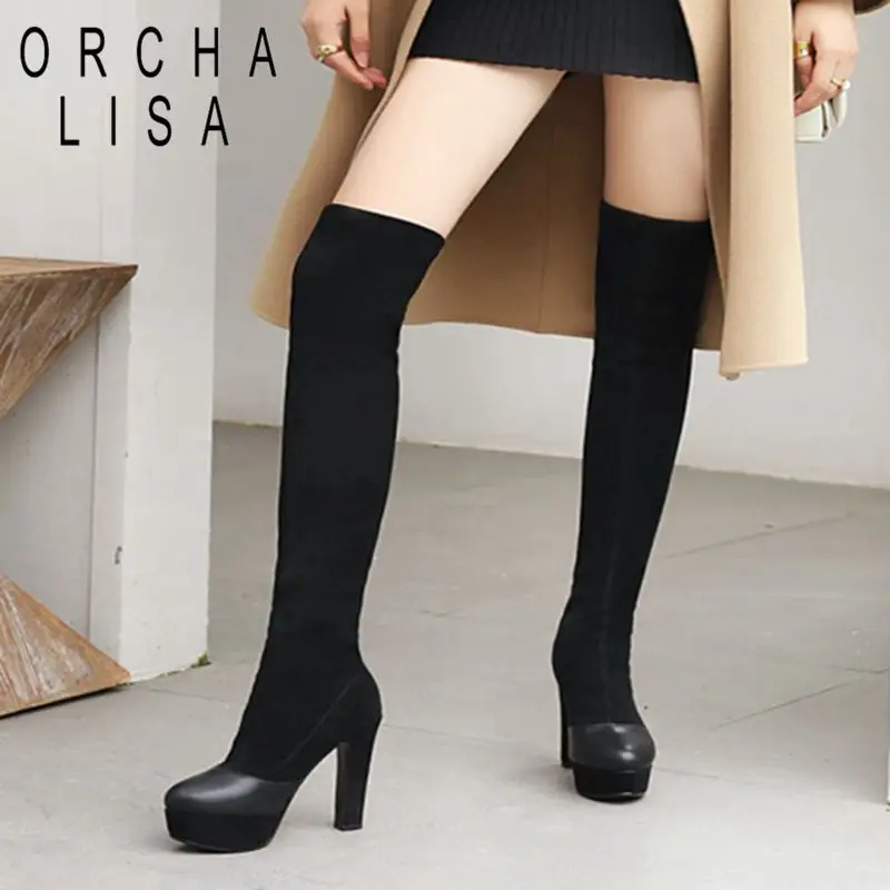 

ORCHA LISA Sexy stretch Fabric Platform boots Black Elastic Over The Knee Boots Women Thigh high boots Winter long boots 11.5CM