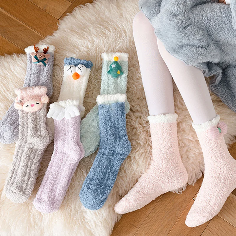 

Зимние женские бархатные Пушистые Носки-тапочки кораллового цвета милые Мультяшные жаккардовые однотонные мягкие теплые носки для сна