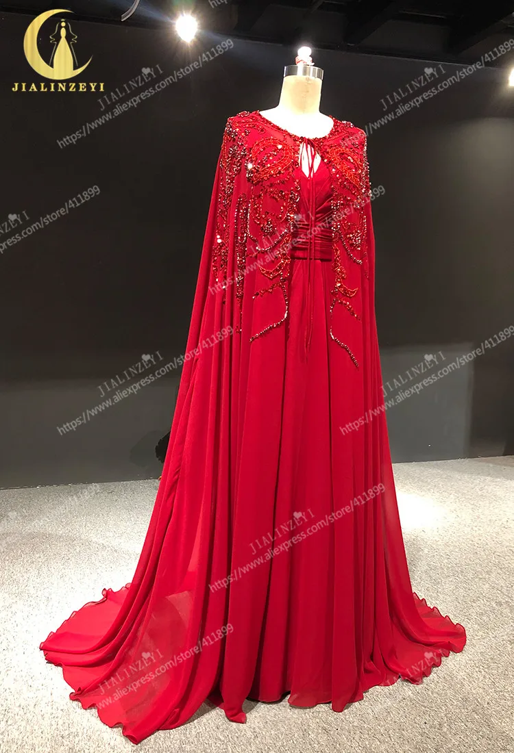 Rhine real Pictures Two Pieces Red Cape with Crystal arabic formal dress evening dresses long