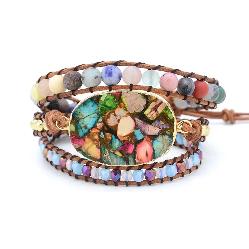 Винтажный кожаный браслет с 3 отверстиями разноцветными камнями и подвесками