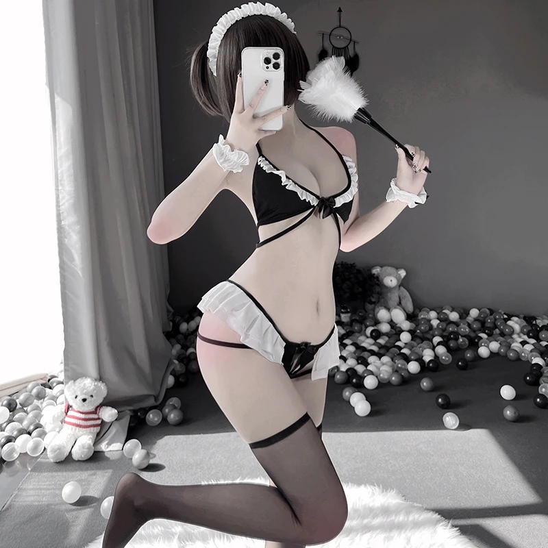 

Sexy Lingerie Maid Uniform Role Play Costumes Black White Three Point Bra Thong Set Kawaii Stage Party Maid Role Play Costumes