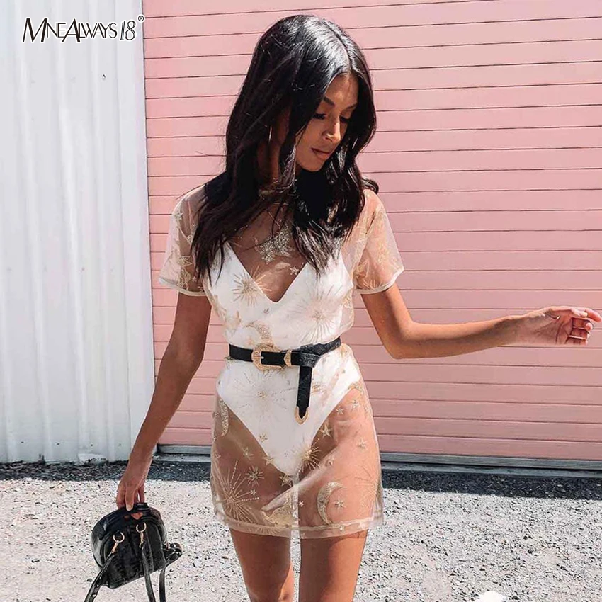 Mnealways18 прозрачные женские топы Сетчатая футболка с коротким рукавом и рисунком