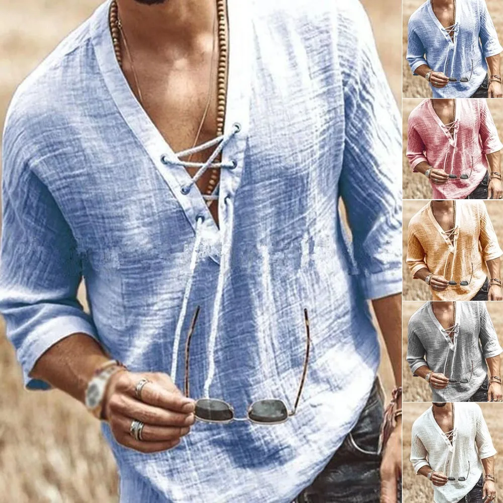 

2021 Summer Casual Retro V-Neck Mid-Sleeve T Shirt Men Basic T-shirt Male High Quality Classical Tops Open Stitch Loose Tee