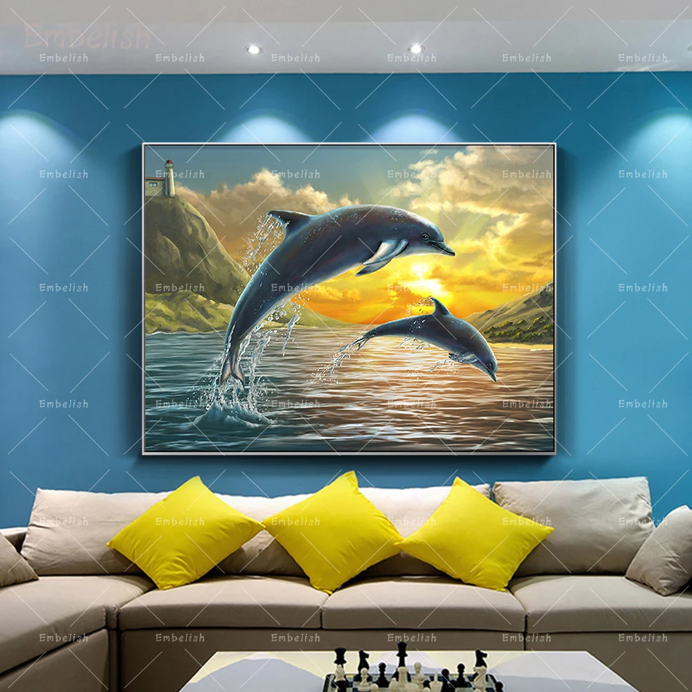 

Embelish 1 Pieces Wall Art Posters Two Dolphins Jumping Out of The Sunset Sea Landscape Home Decor Pictures HD Canvas Paintings