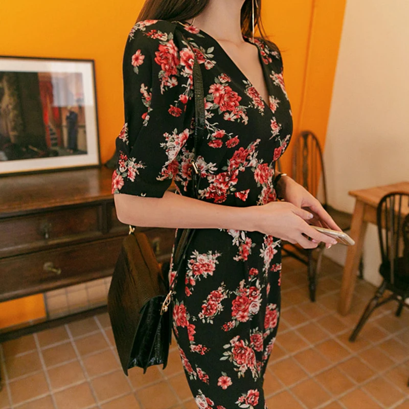 Женское платье миди в богемном стиле с v-образным вырезом длинным рукавом и