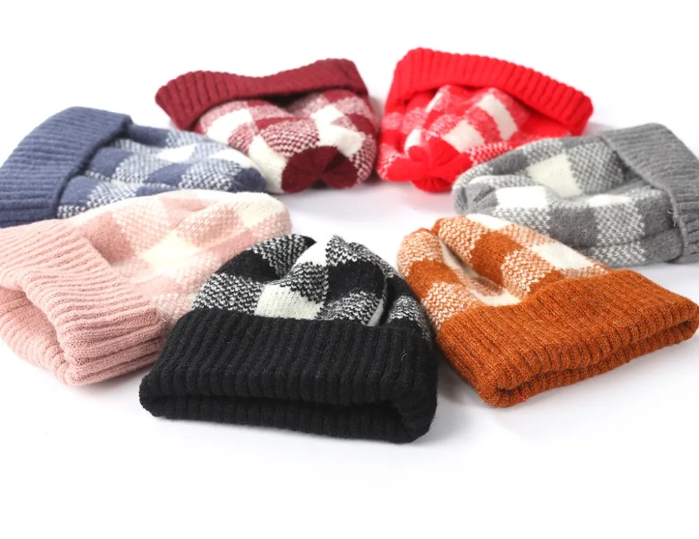 

Winter Women's Wool Thick Warm Knitted Hat New Girl Patchwork Plaid Knit Beanies Skullies Gorros