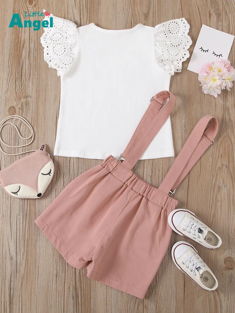 

Летняя одежда для девочек Za, Однотонная футболка с круглым вырезом и рукавами-фонариками + шорты со съемными лямками, комплект с юбкой для де...