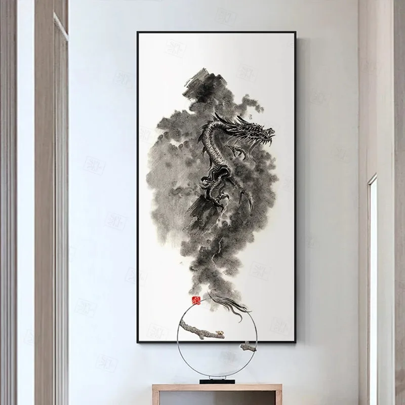 Новая китайская черно-белая чернильная краска Рисунок дракона имперский принт