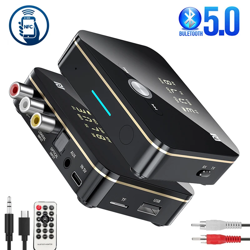 

Bluetooth 5.0 Receiver Transmitter NFC LED Stereo 3.5mm AUX Jack RCA Optical Wireless Audio Adapter Handsfree Call Mic TV PC Car