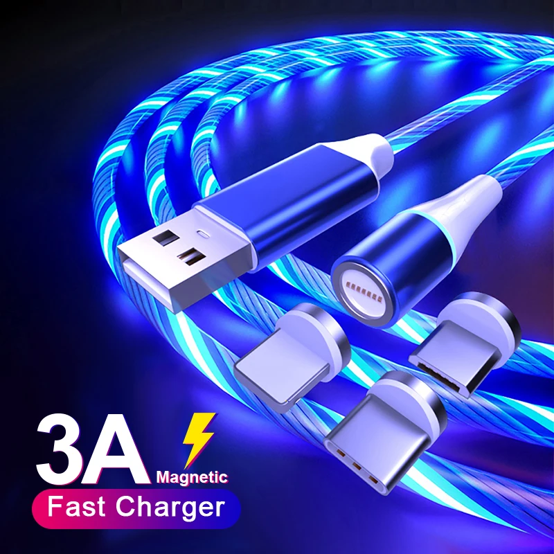 

LED Magnetic USB Type C Micro Cable Flowing Glowing 3A Fast Charging Data Cord Type-C Wire For iPhone 12 11 Xiaomi 11 Huawei p40