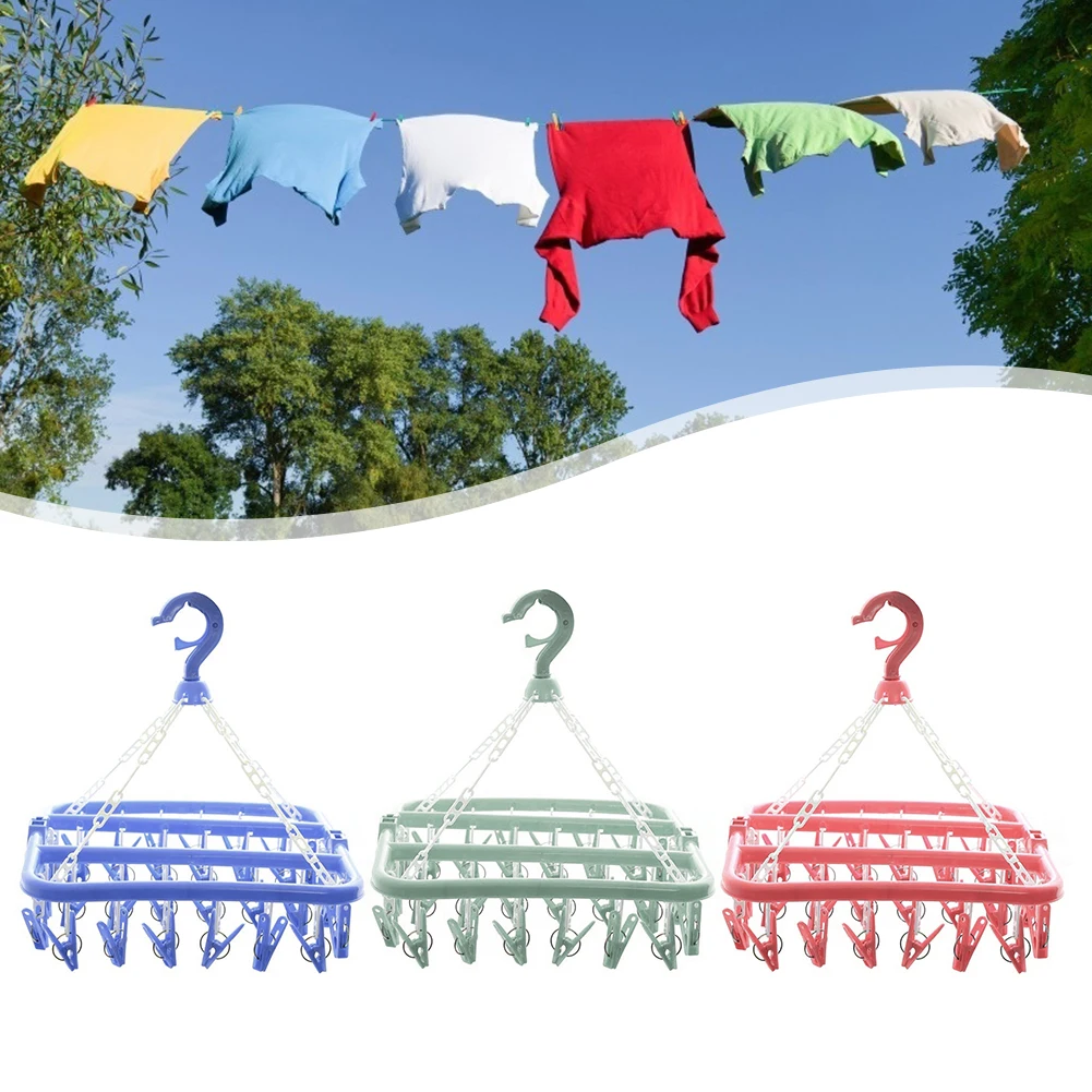 

32 Clips Portable Folding Socks Towels Cloth Hanger Rack Clothespin Clothes Drying Rack Plastic Home Clothes Storage Hangers