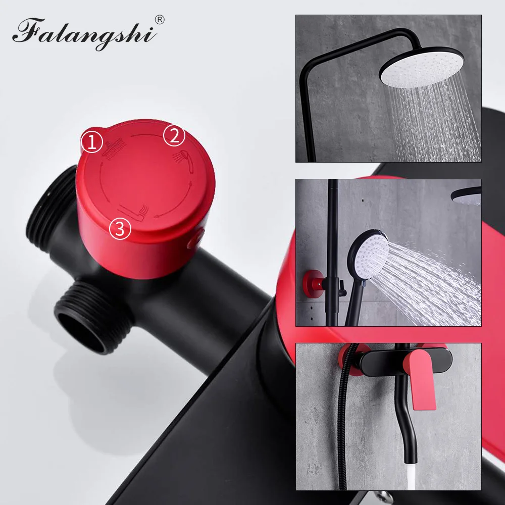 Душевой набор с дождевой насадкой для ванной черный и красный настенная Душевая