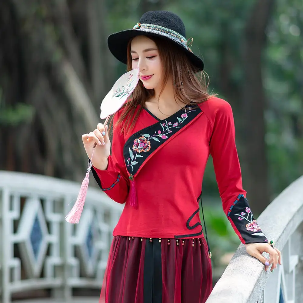 Женская хлопковая блузка с длинным рукавом KYQIAO элегантная традиционная