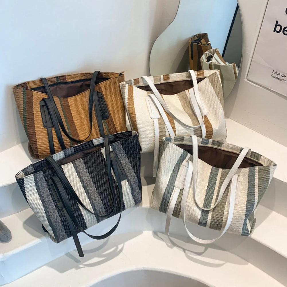

Vintage Women PU Leather Stripes Print Shoulder Bag Female Hit Color Shopping Bags Casual Large Capacity Tote Designer Handbags