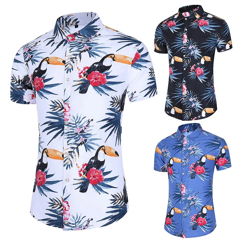 Мужская гавайская рубашка с коротким рукавом Повседневная принтом попугая и