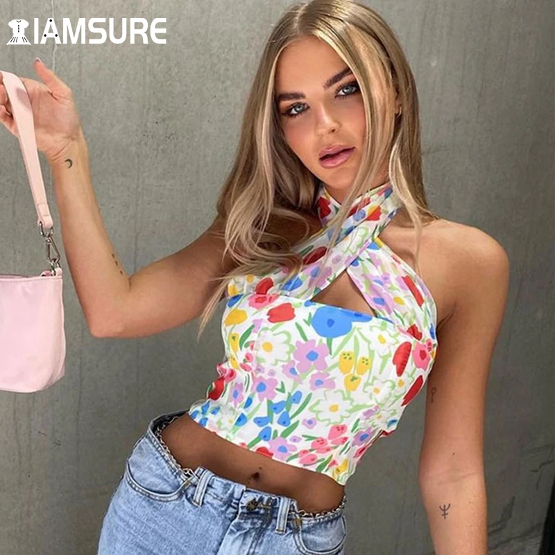 

IAMSURE Beach Style Criss-Cross Neck Floral Crop Tops Women 2021 Fashion Holiday Slim Streetwear Backless Sleeveless Tank Top