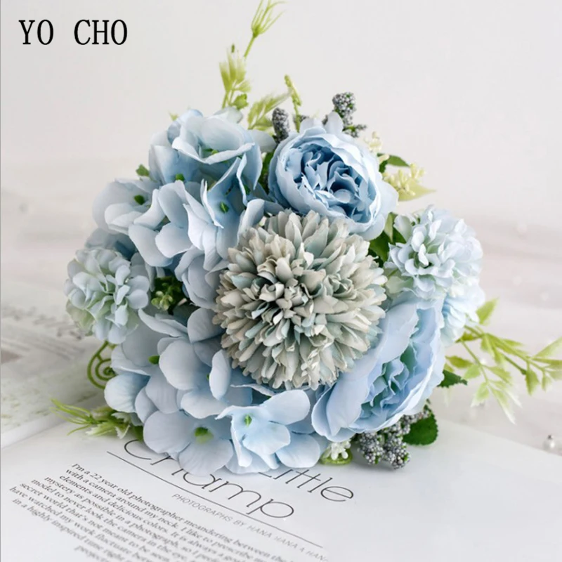 peony-blue Йо Чо Свадебный букет Искусственный шелк розовый цветок пиона невесты букет розовая Гортензия помпон бутон ванильный Спайк свадебные принадлежности - Цвет: peony-blue