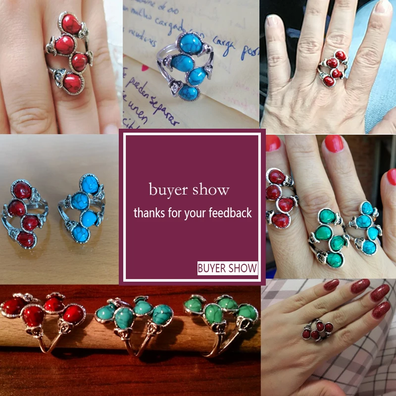 Fashion Bohemia Calaite Stone Rings Tibet Antique Silver Color Rings Alloy Carving Rings Leaf Branch Finger Rings For Women