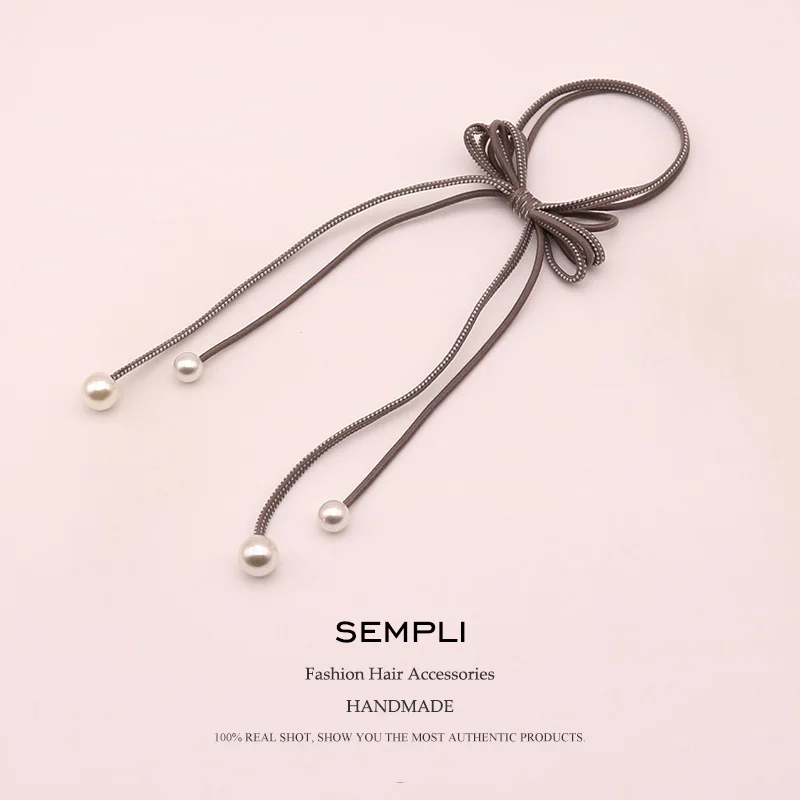 Sempli 6 Colors Nylon Strong Elastic Hair Bands For Women's Pearl Tassel Headwear Girls Kids Accessories Satin Scrunchies |