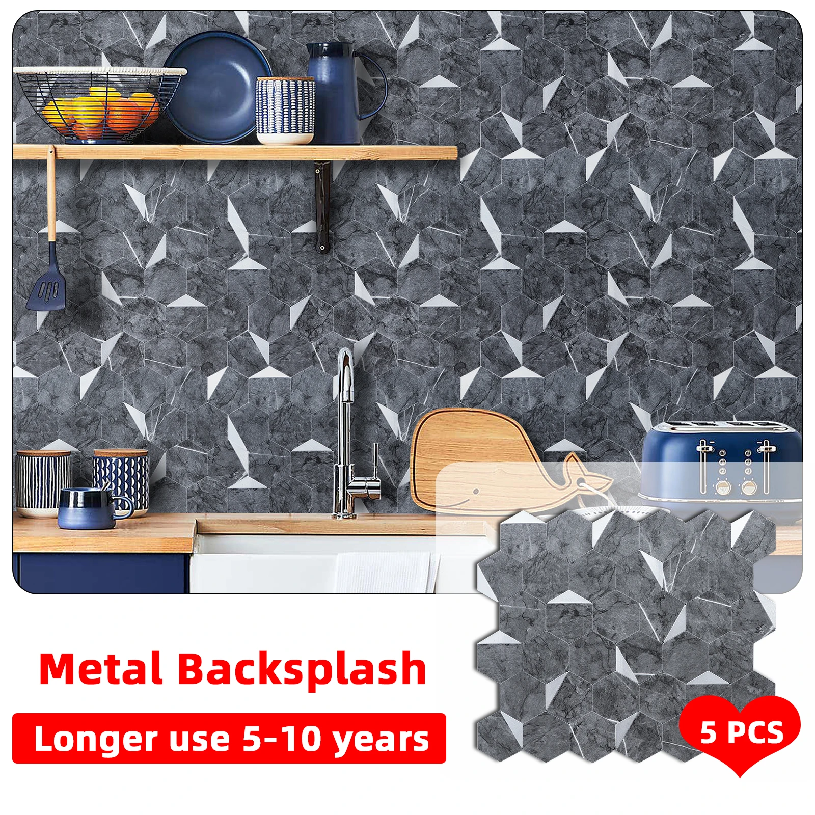 

5pcs Hexagonal Wall Tile Fireproof Metal Backsplash Self adhesive Wall Sticker Peel and Stick Vinyl DIY Decor Kitchen Bathroom
