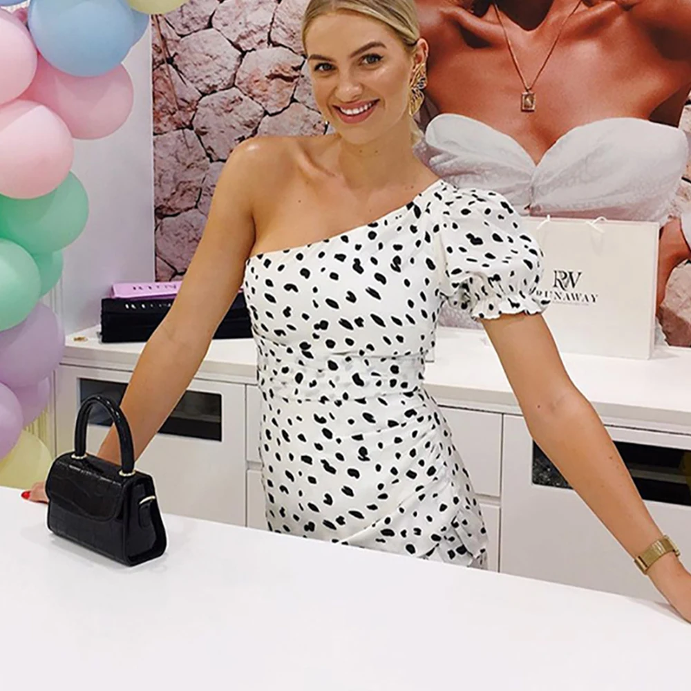 

DISEYAR Y2K One Shoulder Polka Dot Print Dresses For Women Backless Mini Outfit Cascading Ruffle Wave Bodycon Beach Dress Casual