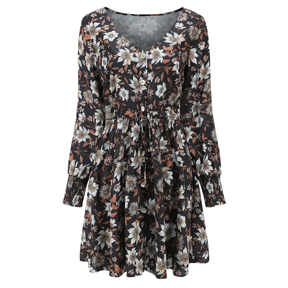 

2021 hot spring new European and American women's dress black printed sexy V-neck dress