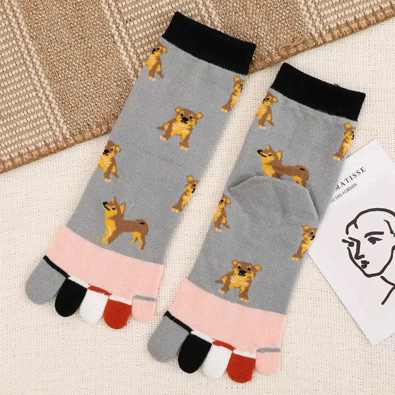 

New Five-toe Socks Women Middle Tube Cartoon Animal Dog Print Sweat Absorbing Breathable Quality Cotton Lovely Harajuku Style