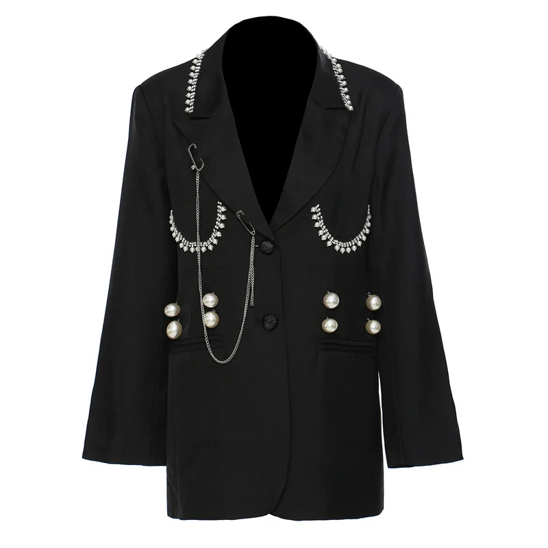 

Pearl Nailed Chain Big Size Blazers for Women Elegant New Lapel Long Sleeve Loose Fi and Jackets Fashion Tide Spring Autumn 2021