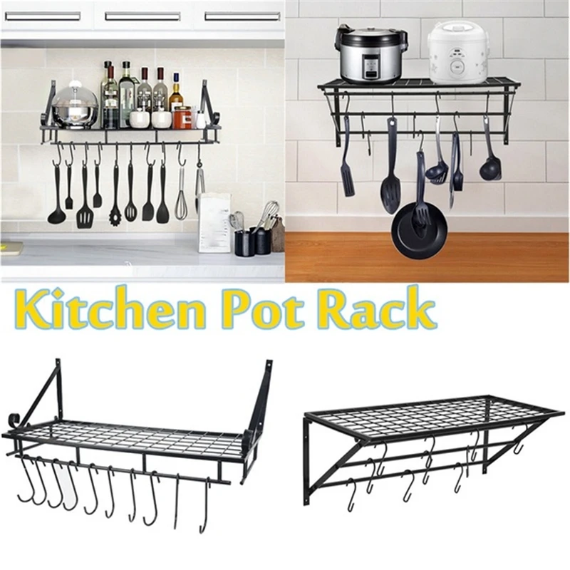 

Kitchen Racks Wall Mounted Pot Pan Holders Iron Metal Spoon Scoop Shelves Pots Pan Hanging Storage Organizer Hooks