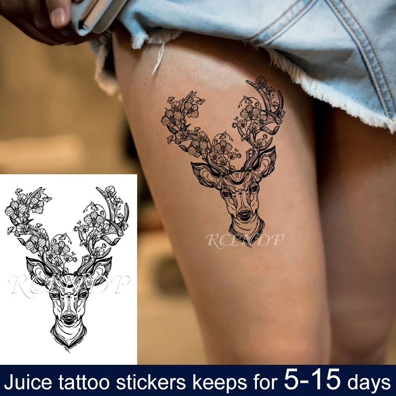 

Waterproof Temporary Juice ink Tattoo Sticker Beautiful Deer Flower In Antler Fruit Gel Long lasting Art for Men Women