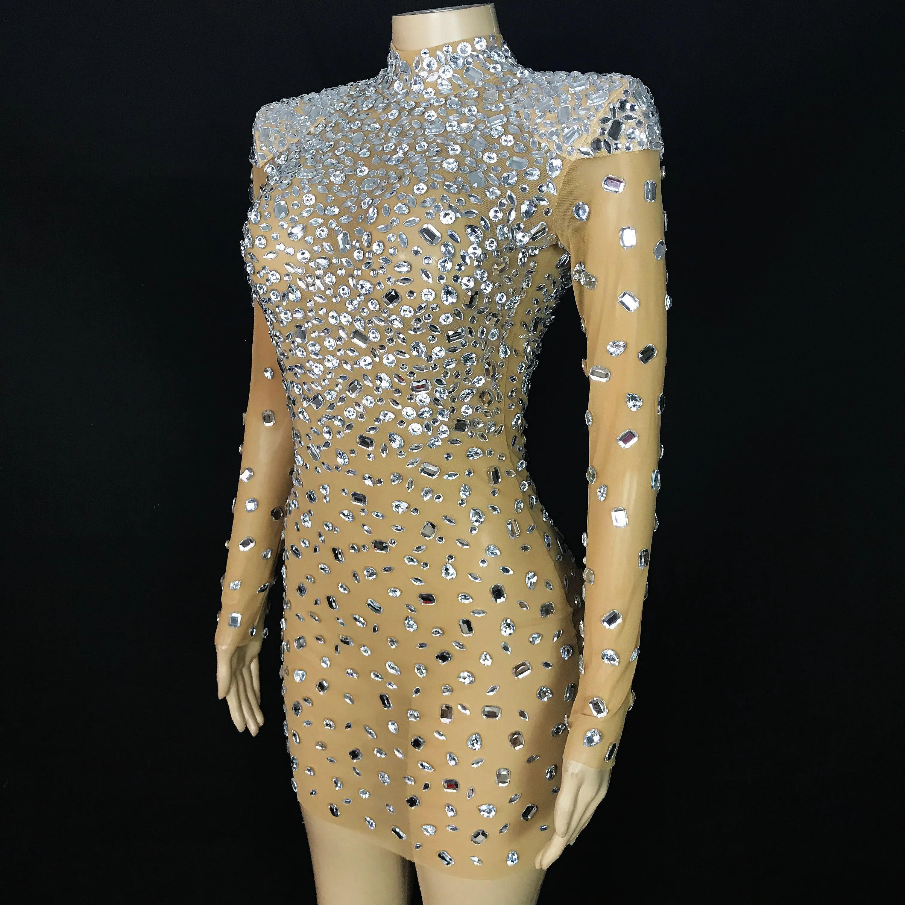 High Neck Silver Rhinestones Bright Mesh Dress Sexy Singer Stretch Costume Evening Celebrate Birthday Collections MINI | Тематическая