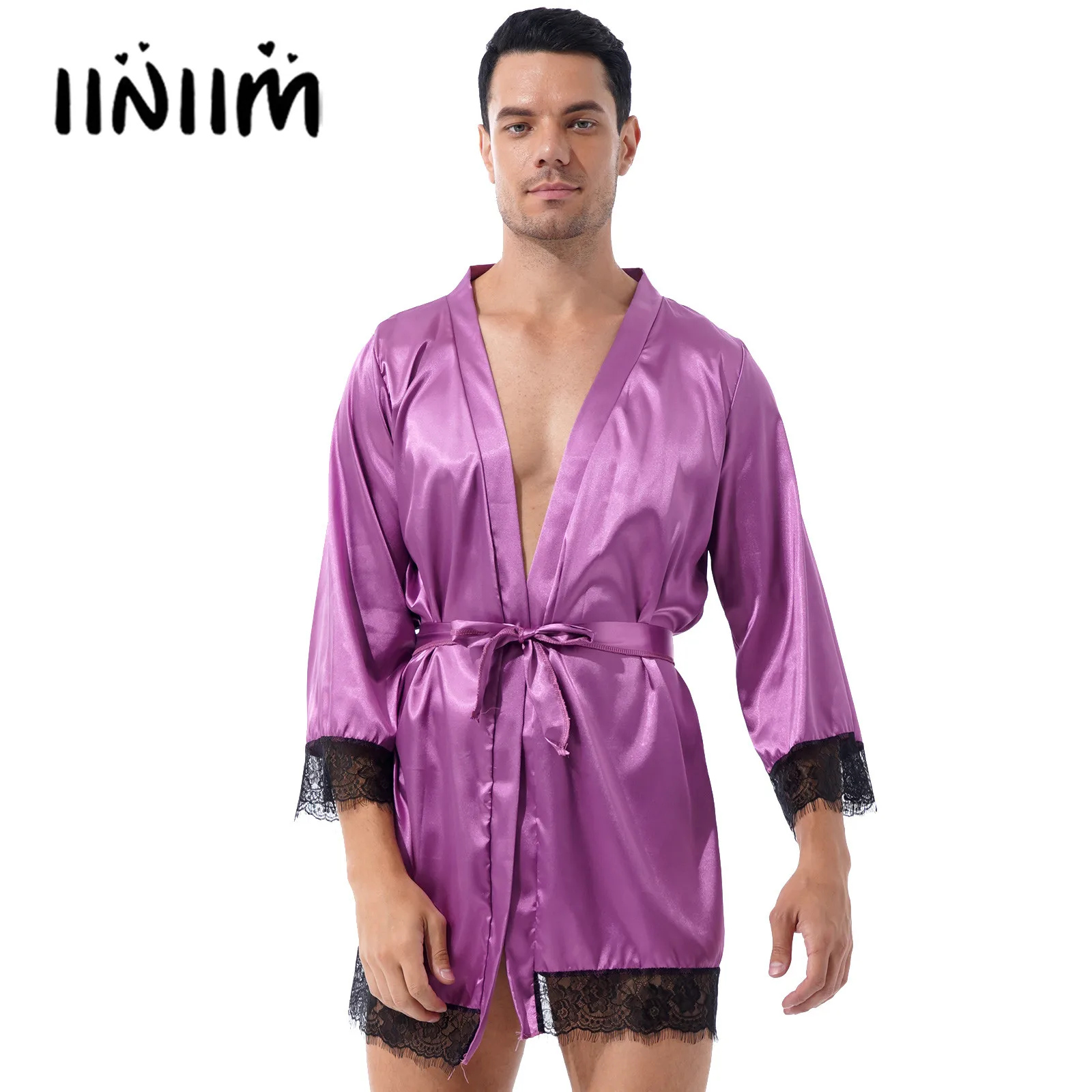 

Mens Lace Trim Belted Kimono Night-robe Sissy Nightwear Long Sleeve Satin Open Front Bathrobe Sleepwear Male Homewear Loungewear