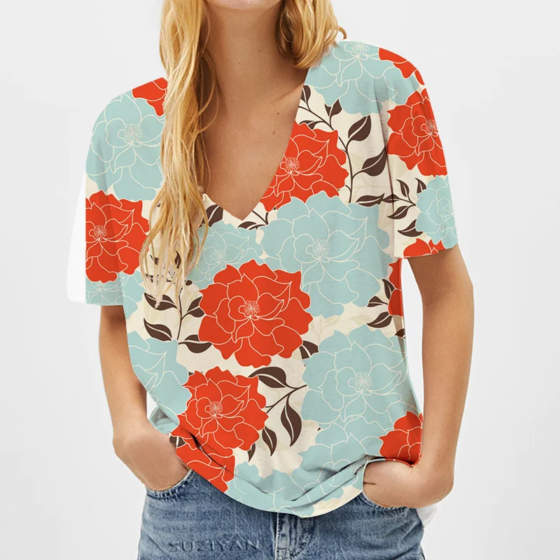 

Summer Beach Casual Loose Tee Short Sleeve Fashion Floral Print Women T-shirt Vintage Tops Lady V-Neck T-Shirt Top Drop Shipping