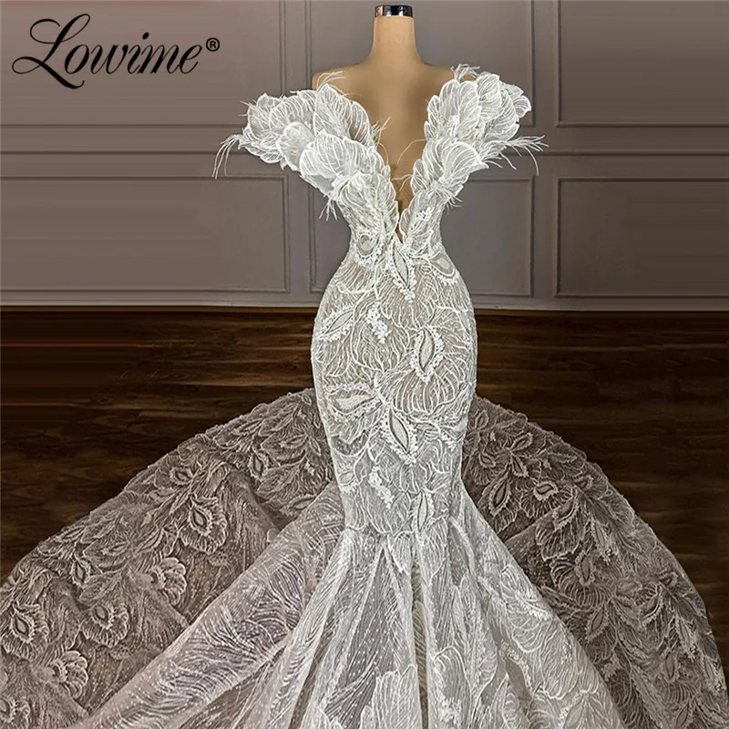 Luxury Mermaid Wedding Dresses Dubai Muslim Lace Feather Bridal Gowns Vestidos De Novia 2021 Couture Mermaid Wedding Gown Bride