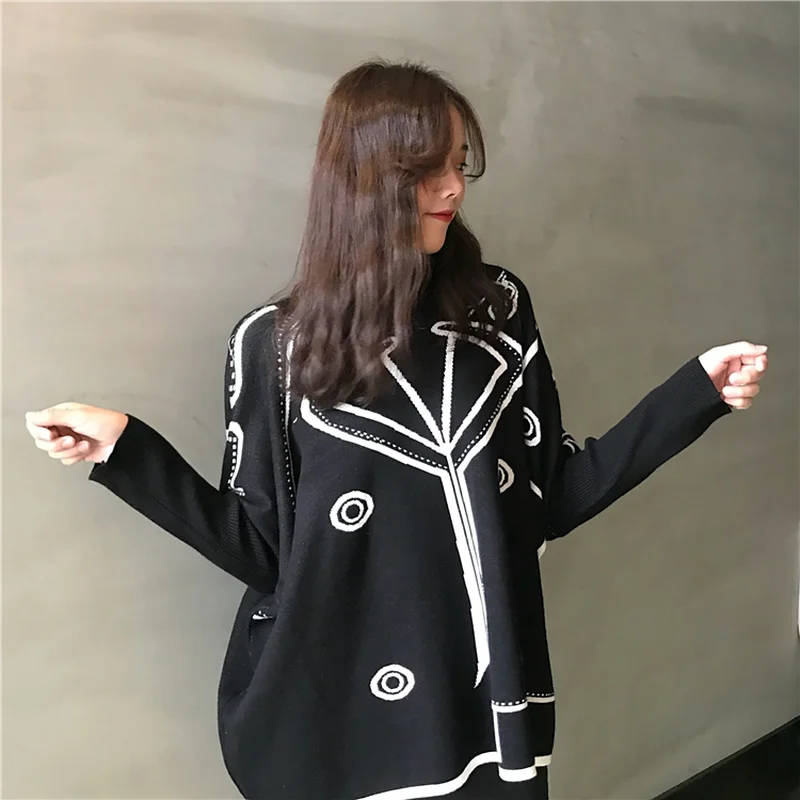 Свитер женский вязаный с высоким воротом черного цвета большого размера для