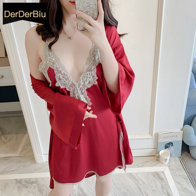 Женские сексуальные кружева ночное белье шелк сатин халат ночнушка 2 комплект из