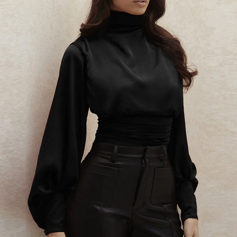 

Autumn Winter Women Fashion Sexy High Neck Satin Folds Lantern Sleeve Sexy High Waist Open Back Jumpsuit