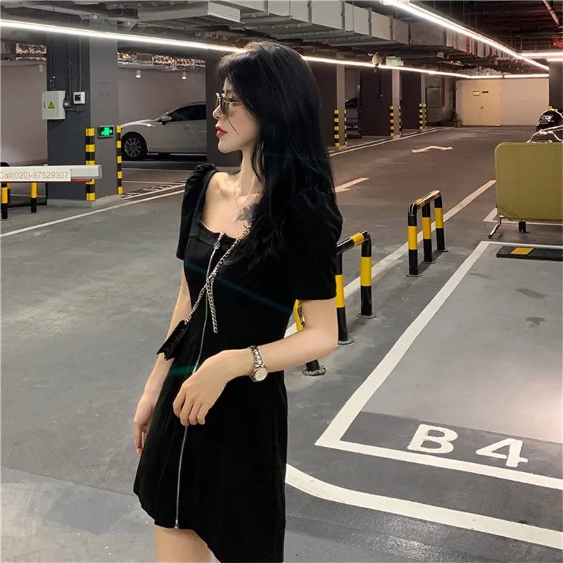 Dress 2020 new summer waist slimming square collar French front zipper sexy black dress short sleeve dresses for women | Женская одежда